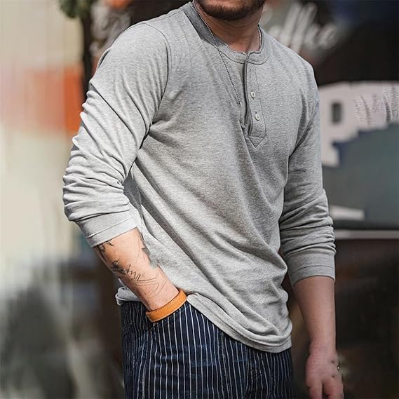 DEUXIEME CLASSE - DEUXIDME CLASSES   Henly Long Tシャツ　White Adhdyuud Men Retro Henley Collar Shirt Casual Solid Color