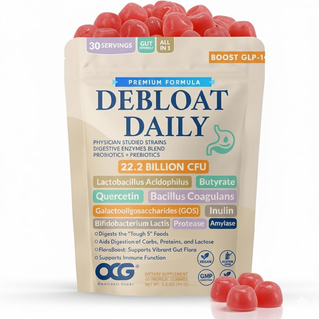 Debloat Daily 3-in-1 Prebiotic, Probiotic & Digestive Enzyme | Digestive Support | Occasional Bloating & Abdominal Discomfort | Turmeric, Ginger & Quercetin | Gluten Free, Non GMO 60 Tropical Gummies