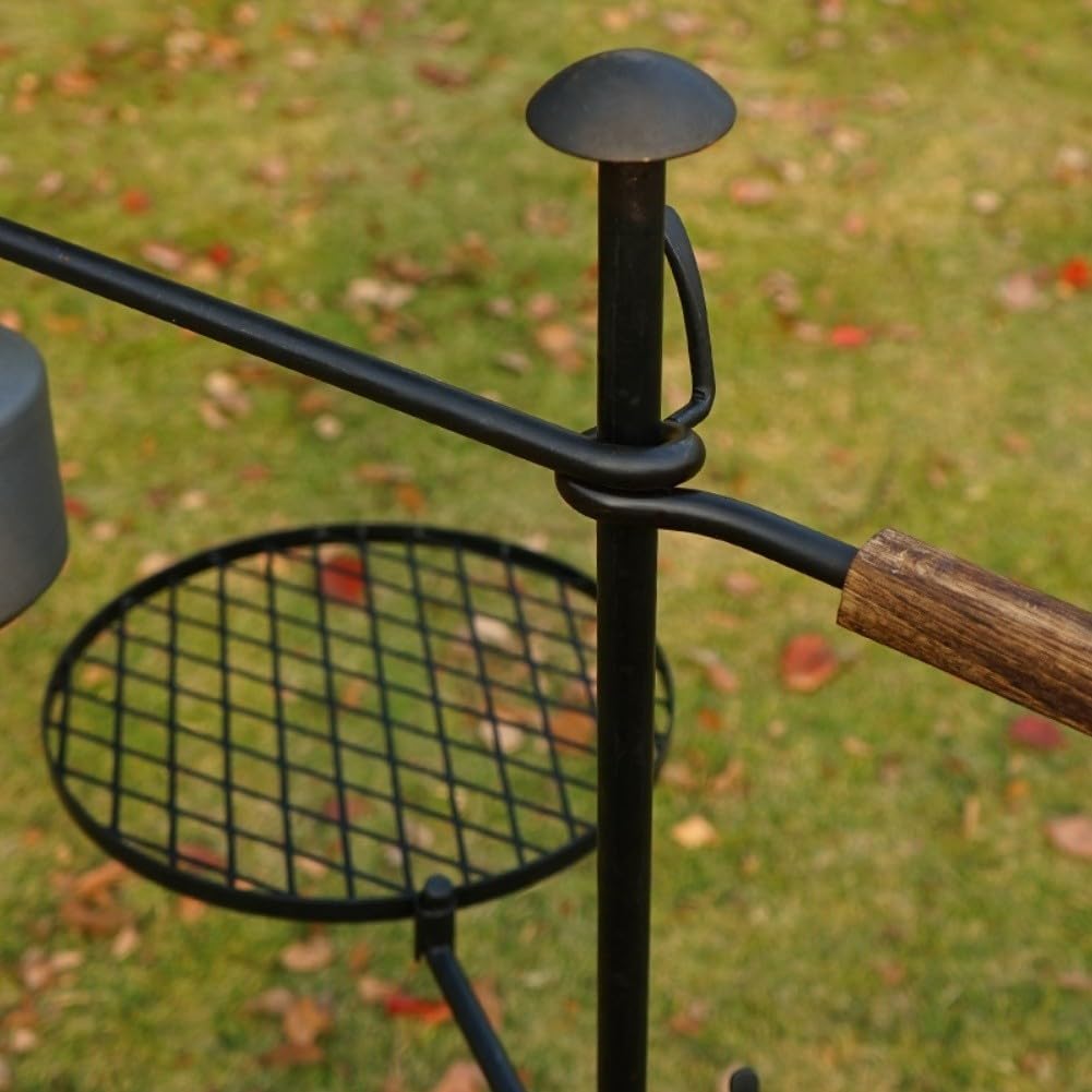 Griglia pieghevole per barbecue da campeggio con altezza regolabile, ferro | Braciere da campeggio con manico in legno, griglia perforata diamantata, altezza regolabile, ruggine