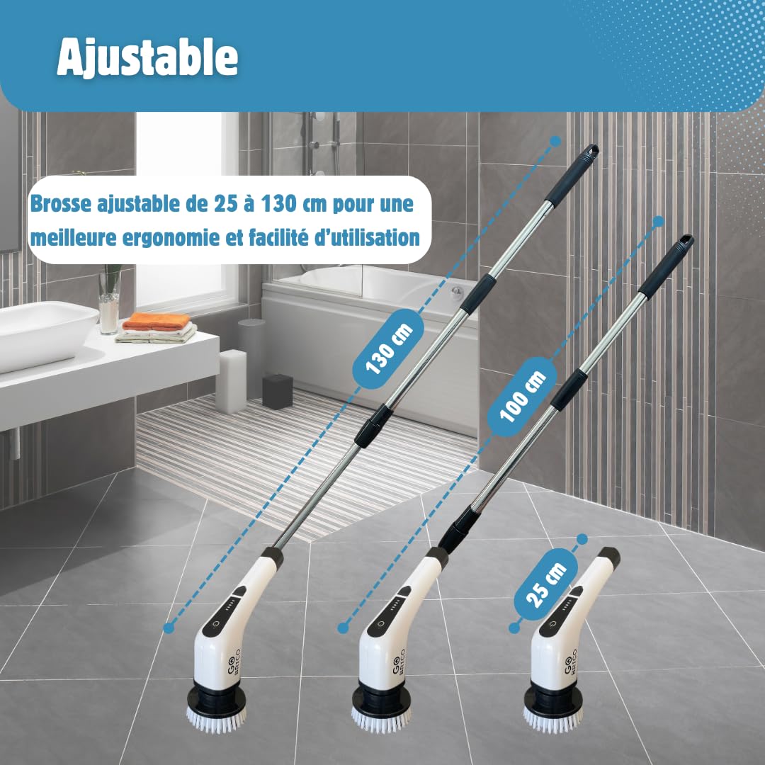 Brosse de Nettoyage Électrique [Go-Brico] Puissante Rotative Maison Salle de bain Cuisine Carrelage Sol Voiture Jantes Tapis Moto Bateau - Têtes Interchangeables Vitesse Réglable Batterie Rechargeable