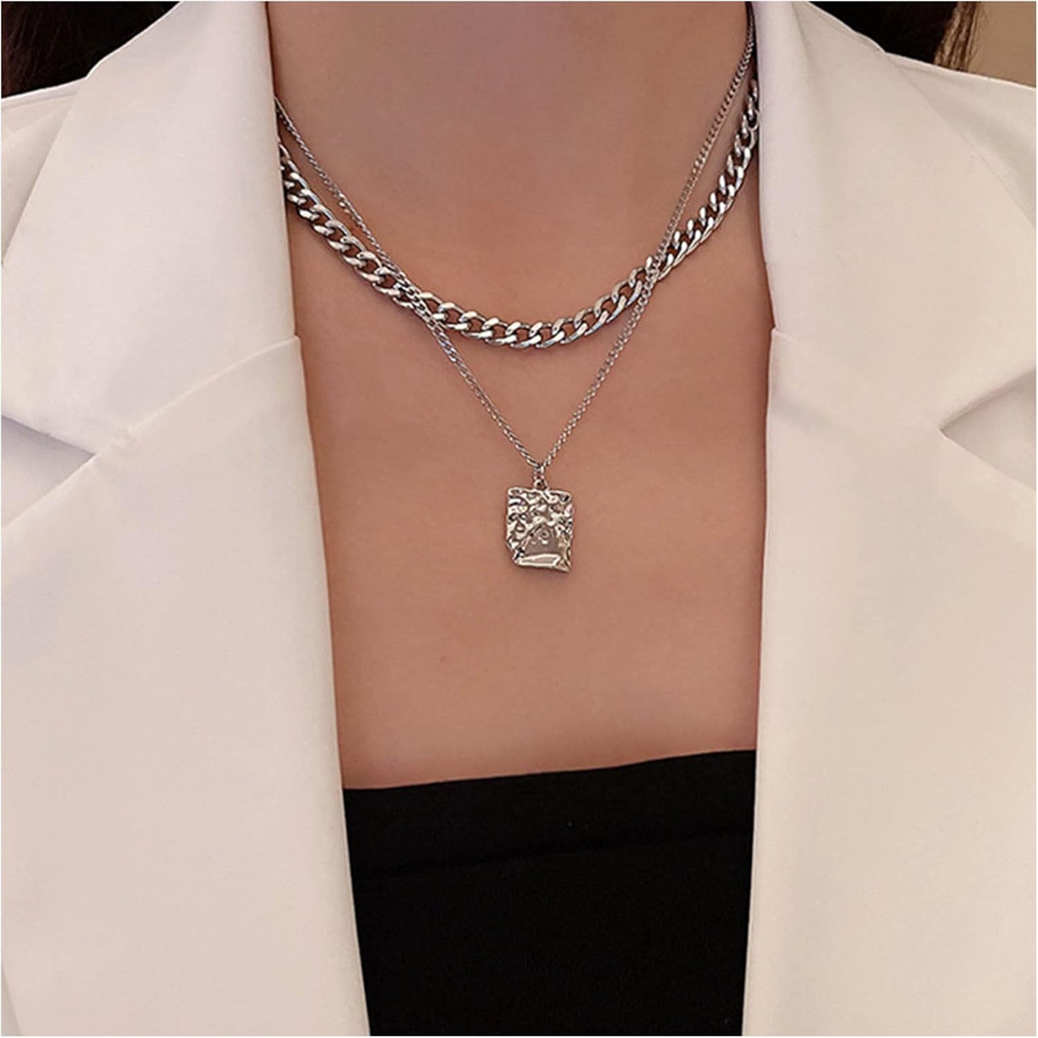 Andelaisi Boho Layered Hammered Square Choker Necklace Silver Textured Square Necklace Choker Vintage Cuban Chain Necklace Punk Thick Chain Necklace Jewelry for Women - Image 2