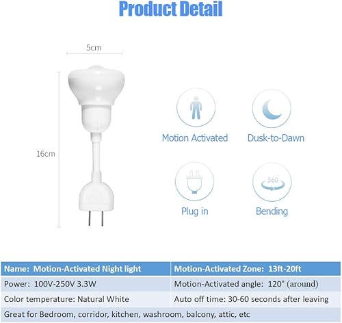 Miniatura 6 de PinghEng Luz nocturna giratoria con sensor de movimiento enchufable, cuello de cisne flexible, 360 direccional, encendidoapagado automático, luz