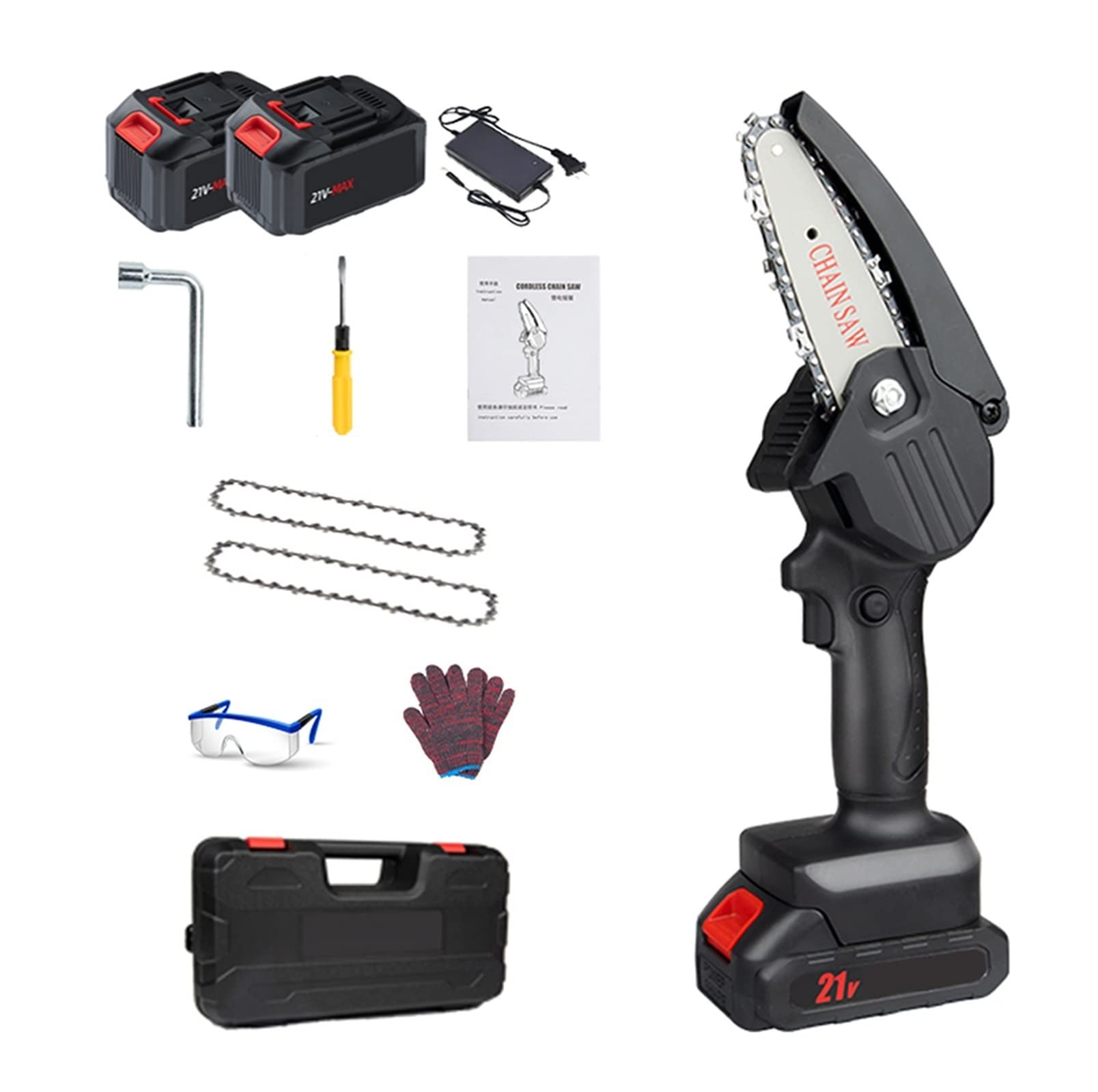 4-calowa Mini elektryczna piła łańcuchowa 21 V,bezprzewodowy Przenośna Ręczna Piła łańcuchowa do Ogrodnictwa,z ładowarką i 4500mAH 2 baterią,2 łańcuchy,cięcia drewna, drzew, gałęzi, drewna