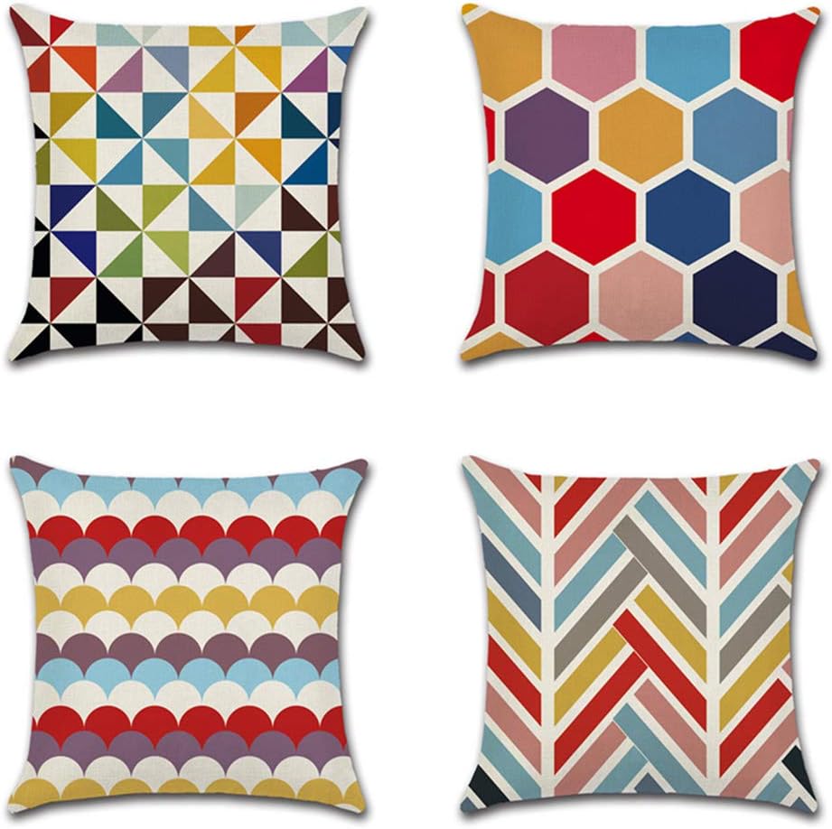 JOTOM Cushion Covers Decorative Cotton Linen Throw Pillow Case Sofa Car Pillowcase for Home Bed Decor 45 x 45cm,Set of 4 (Colorful Geometry)