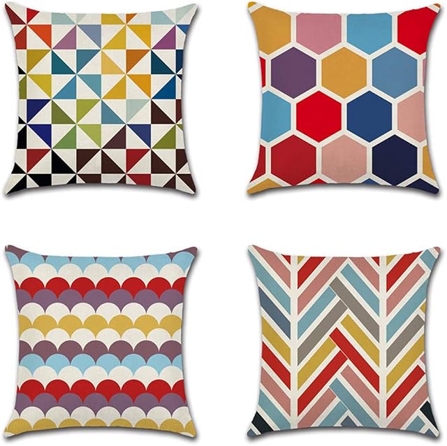 JOTOM Cushion Covers Decorative Cotton Linen Throw Pillow Case Sofa Car Pillowcase for Home Bed Decor 45 x 45cm,Set of 4 (Colorful Geometry)