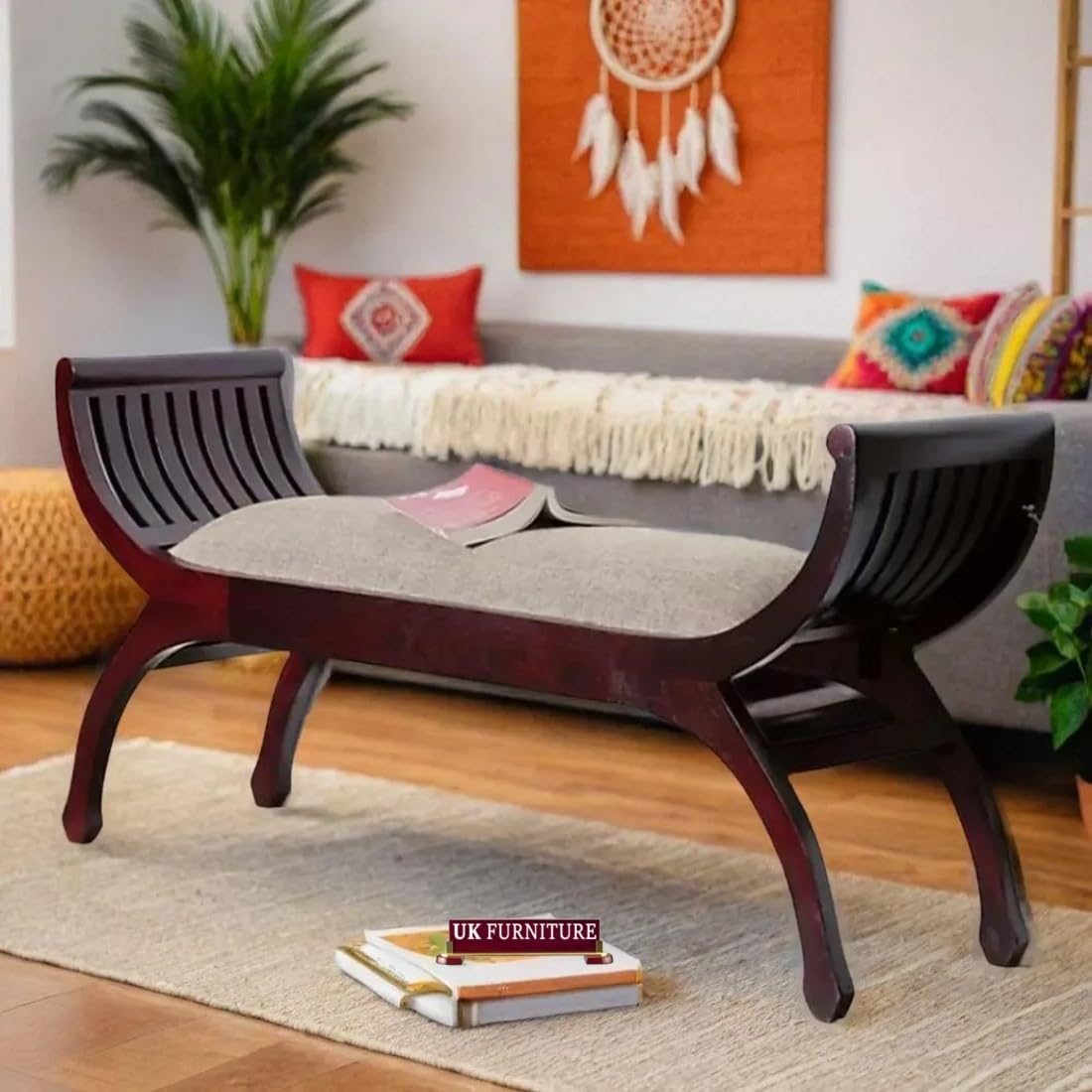 UK FURNITURE Solid Sheesham Wood 2 Seater Sofa Senate Fabric | Outdoor Indoor Bench | Wooden Sofa for Living Room Furniture (Finish Color - Dark Walnut/Pre-Assembled)-image-35