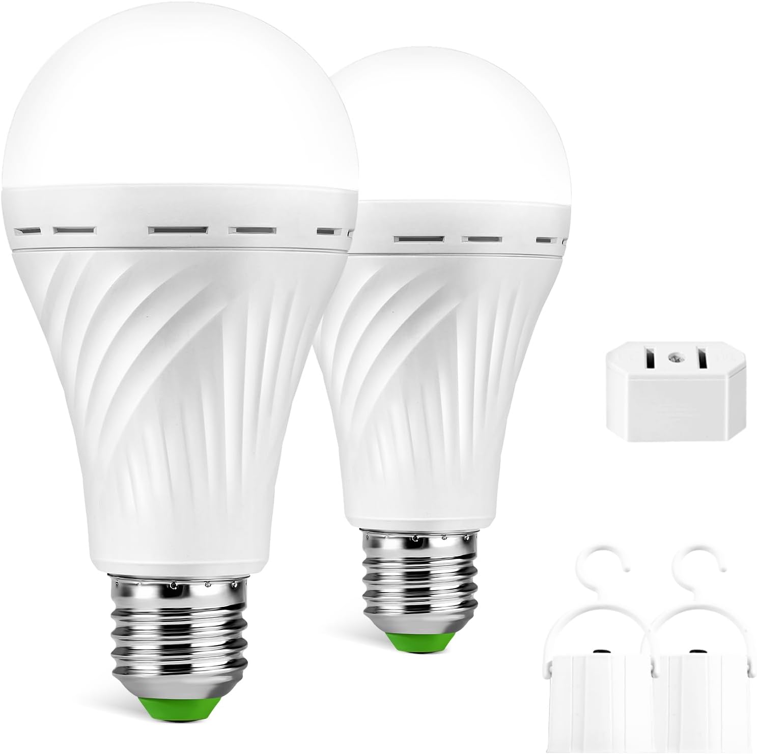 Emergency-Rechargeable-Gentle-Bulb, Keep Lights Up When Energy Failure, 1500mAh 12W 60W Equal LED Gentle Bulbs for House, Tenting, Mountaineering (E27, with Hook,with Plug Cap) 2 Pack