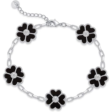 PAVOI 14K Gold Plated Clover Bracelets for Women - Flower Four Leaf Clover Bracelet - Mother of Pearl & Onyx Gemstone Lucky Flower Design - Adjustable Trendy Jewelry Gifts