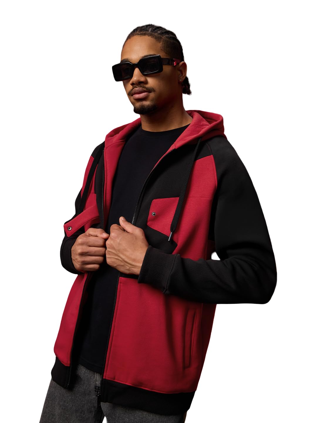the souled store Urban Shield Men and Boys Full Sleeves Hooded Neck Red and Black Colour-Block Cotton Blend Drop Shoulder Streetwear Zipper Overiszed Hoodie-picture-32