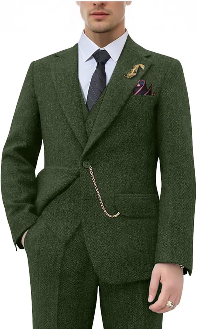 Retro Tweed Brown Men Suit 3 Piece Herringbone Slim Fit Suits Wedding Tuxedos Set Prom Jacket Blazers Vest Pants for Mens