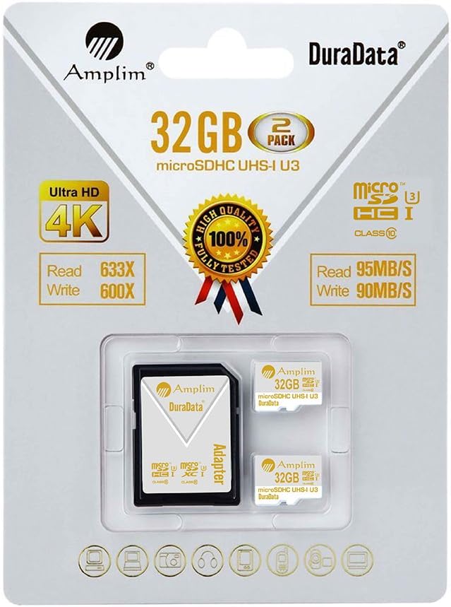2-Pack 32GB Micro SDHC U3 Card Plus SD Adapter. Amplim Extreme Pro Class 10 UHS-I MicroSDHC 95MB/s Read, 90MB/s Write. Ultra High Speed HD UHD 4K Video. Internal/External MicroSD Flash Memory