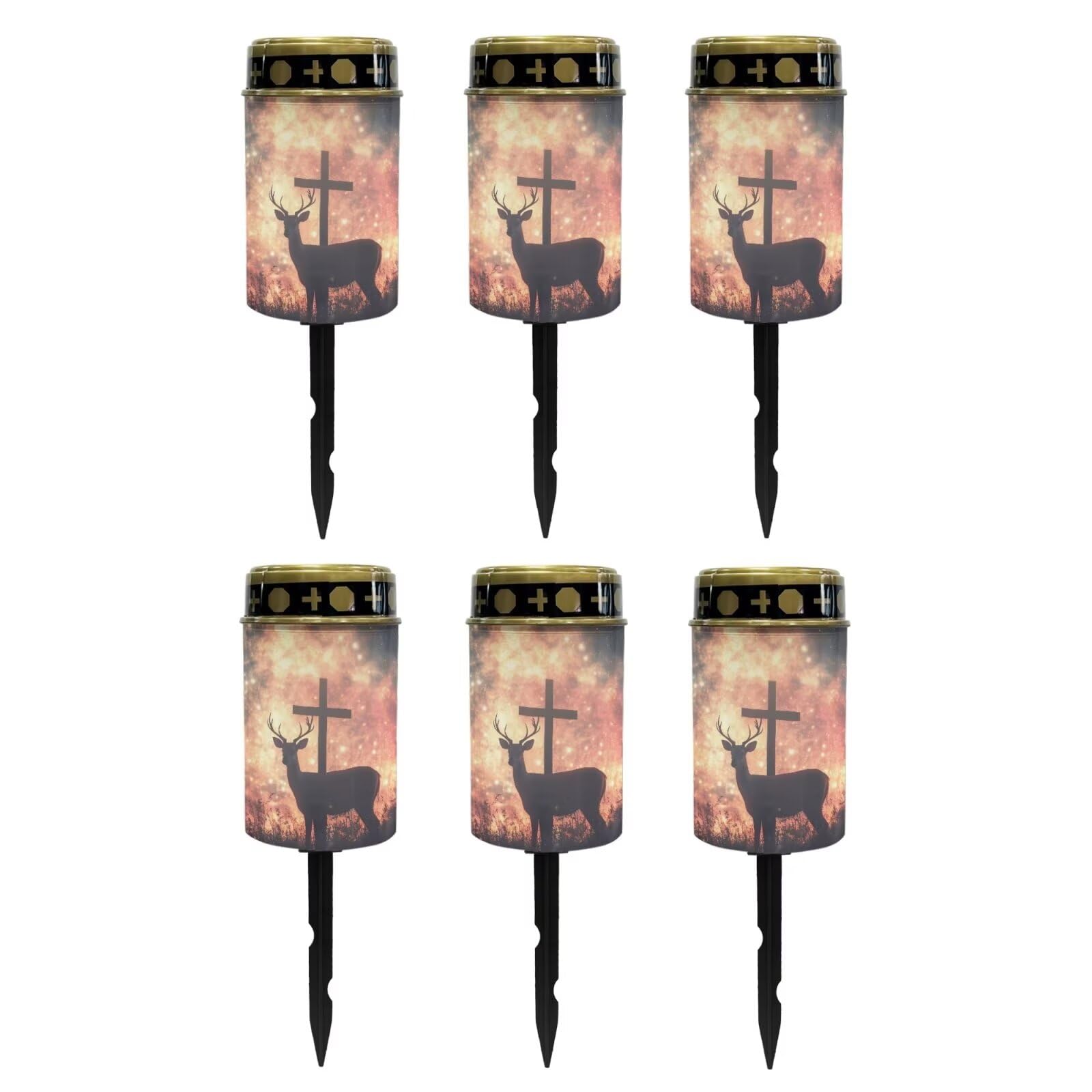 Poceacles 6 Pieces Cross Outdoor Solar Lights Solar Garden Lights Cemetery Solar Lights Water Resistant Pillar Candle Solar Garden Stake Lights for Cemetery Grave Decorations, Deer Cross Galaxy Red