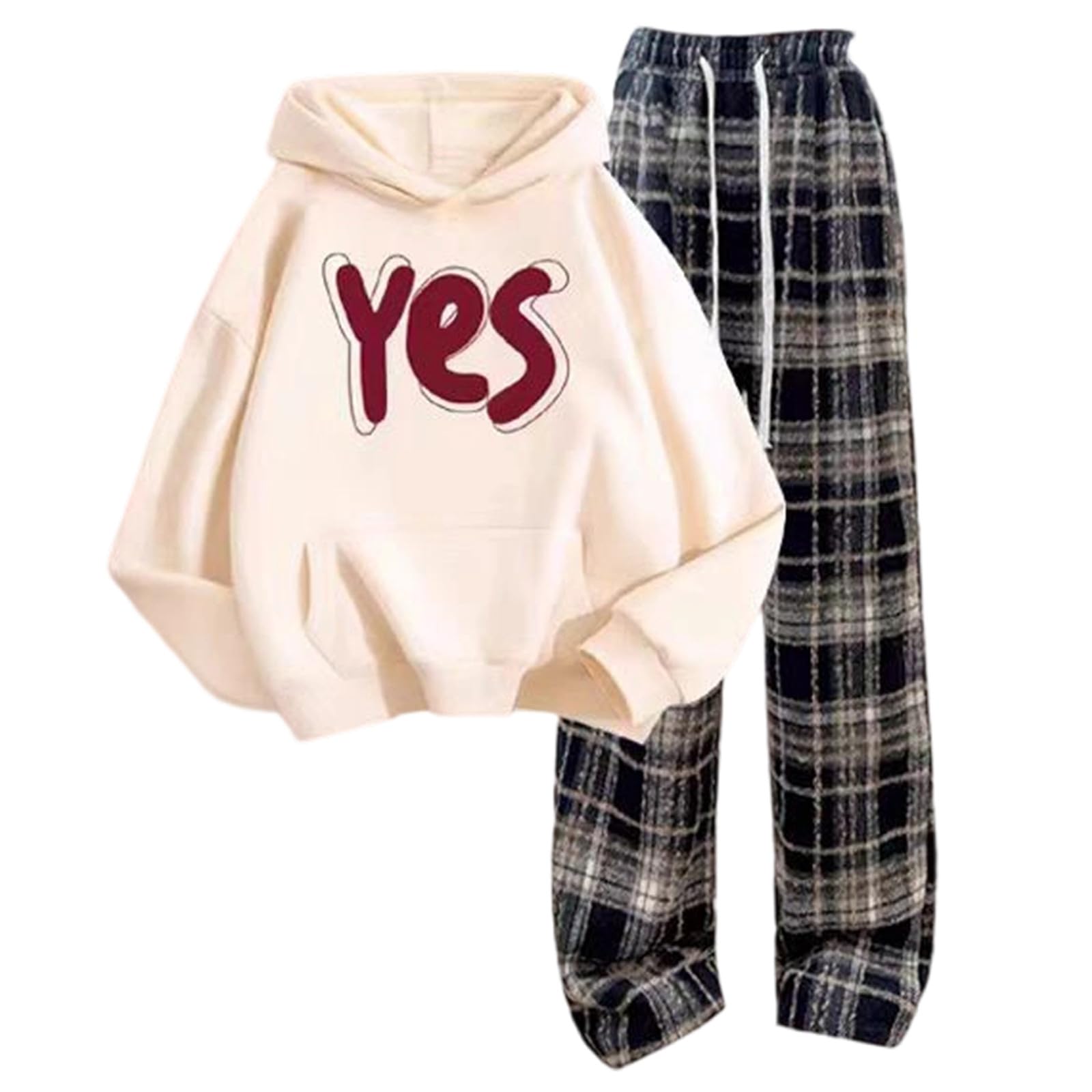 Tuta invernale in pile per ragazze, felpa con cappuccio rossa e pantaloni larghi a quadri, completo caldo e spesso per ragazze adolescenti #197