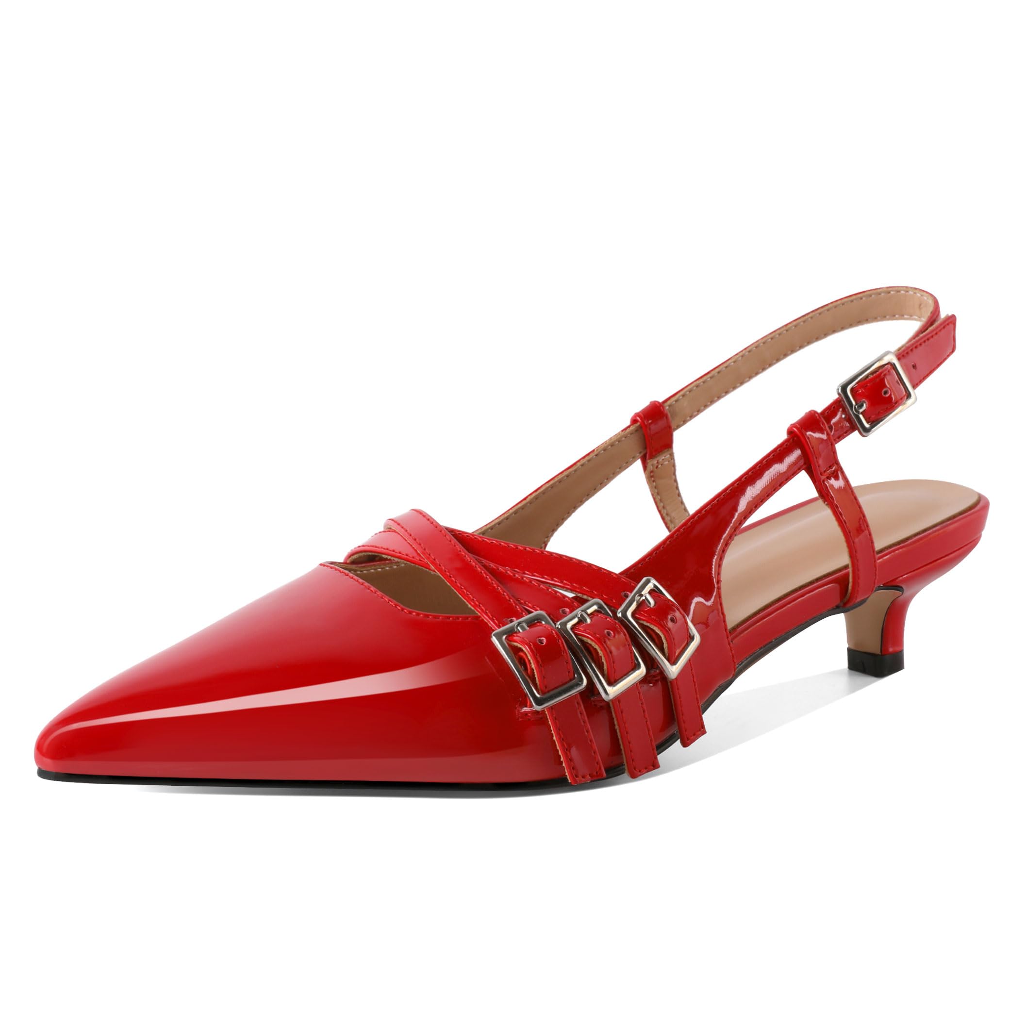 Eldof Women's Slingback Kitten Heels Buckle Strap Pointed Closed Toe Slip On Low Heel Pumps Shoes Dress 1.5 Inches