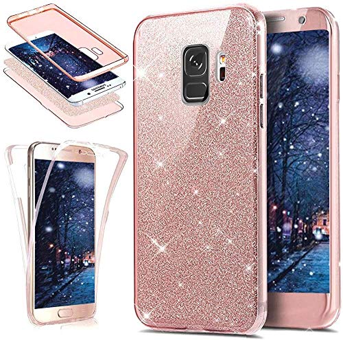 Uposao Samsung Galaxy S9 Coque en Silicone Rose Luxe 360 Degré Coque Avant et arrière Full Body Transparent Ultra-Mince Souple TPU Gel Brillant Sparkle Cristal Clair Coque Double Faces Etui Galaxy S9