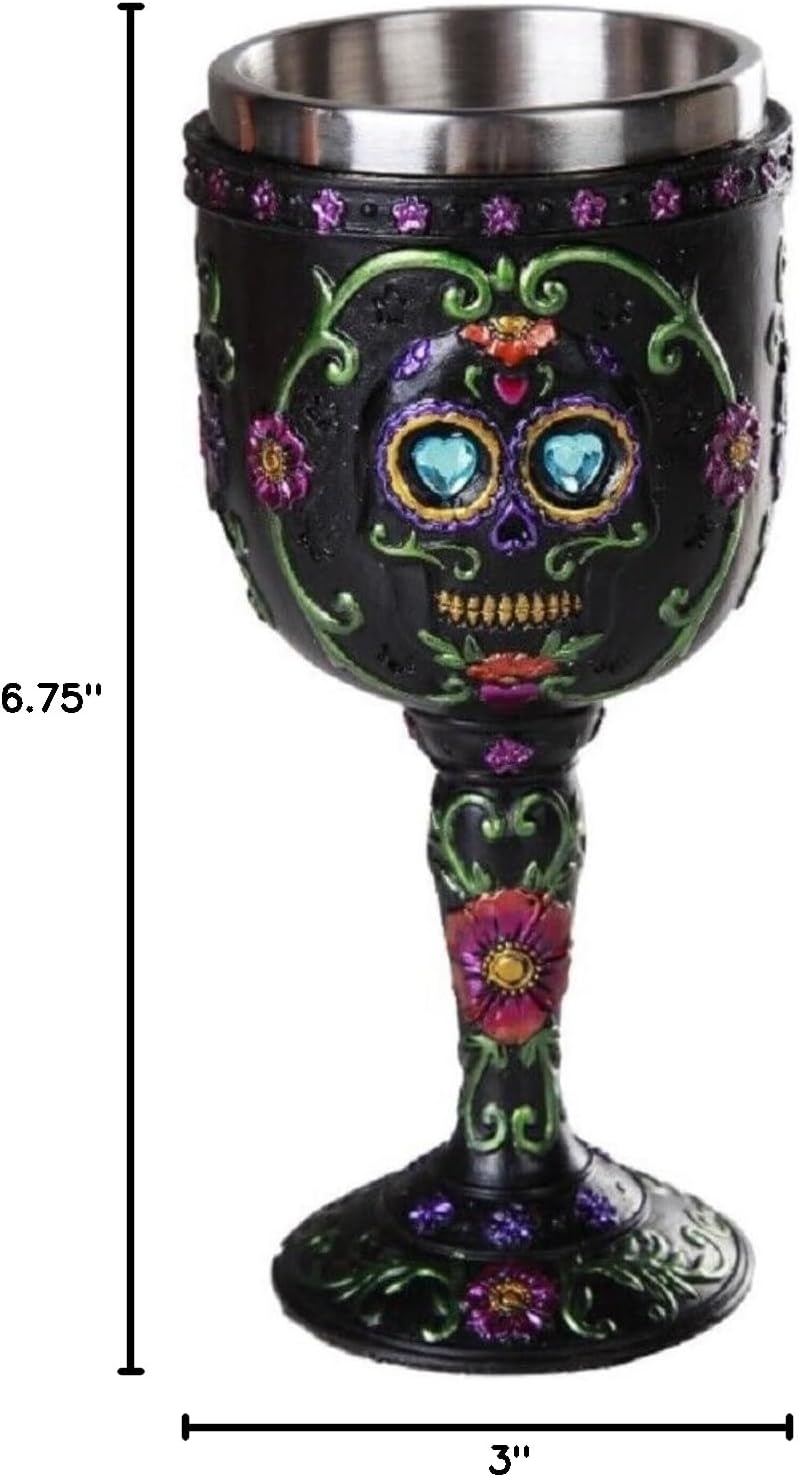 Pacific Giftware Day of The Dead Celebration Black Sugar Skull Floral Design Collectible Wine Goblet 7oz