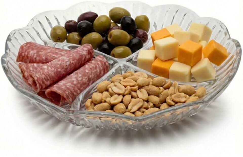 Petisqueira em Vidro com 4Divisórias - Prática para servir Petiscos, Frios, Queijos, Azeitonas - Para Festas, Churrasco e Reuniões - Design Premium
