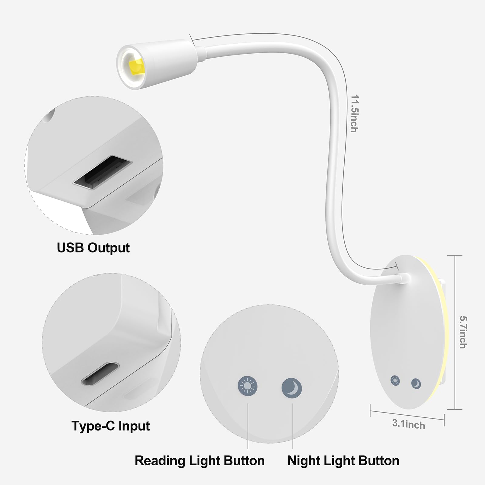Luz LED para libros montada en la pared, luces de lectura para libros en la cama, 3 regulables, salida USB, luz nocturna, recargable, flexible, cuello de cisne (1 unidad)