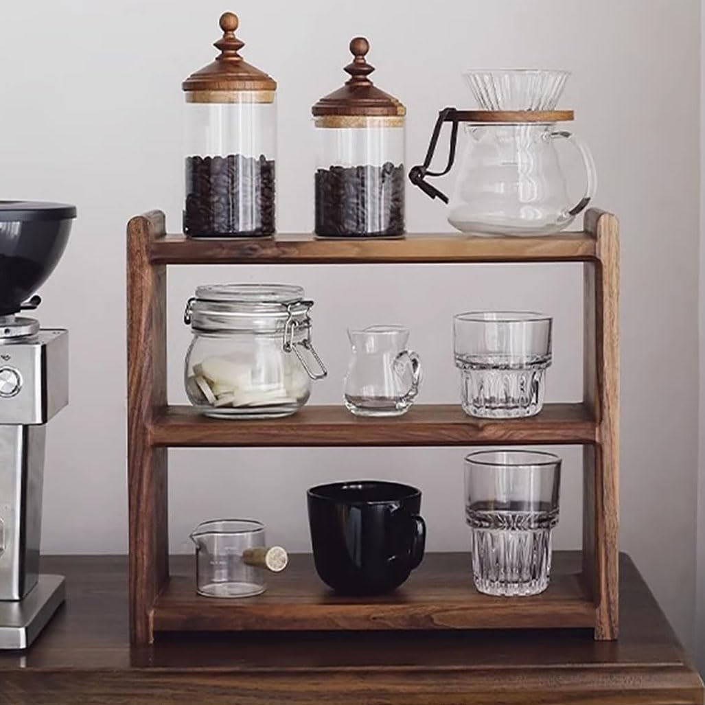 MRYBD 3-Tier Wooden Coffee Mug Display Rack Walnut Color Solid Wood Cup Holder Countertop Kitchen Storage Shelf Spice Jar Organizer for Home Office Coffee Station Bar brown