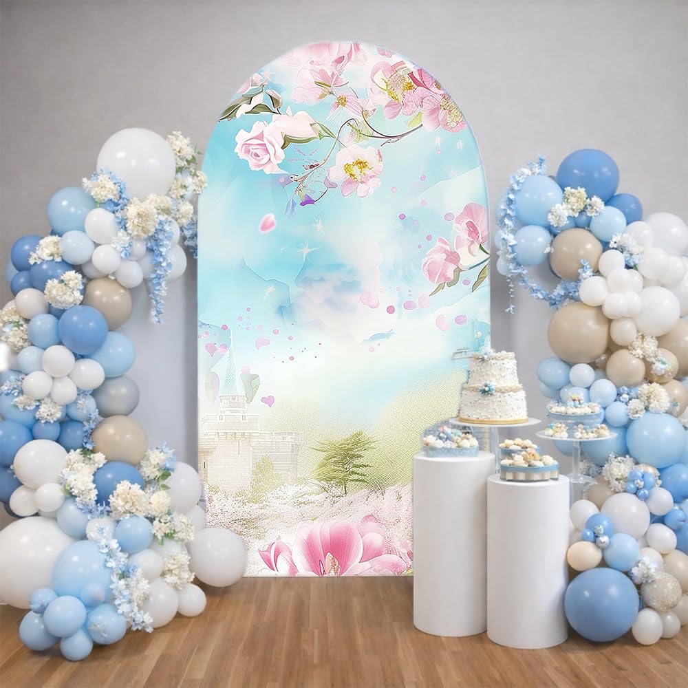 Uoimystify Princess Castle Arches Backdrop Cover - Stretchy Fabric Covers for Birthday Party Decorations, Fairy Tale and Fantasy Theme Events (5 *