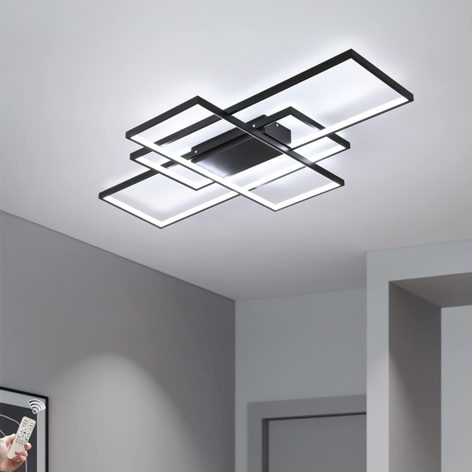 JIINOO Dimmable LED Ceiling Light, 110cm Flush Mounted Ceiling Light with Remote Control, 70W Square Acrylic Modern Simple Design Fixture for Bedroom Living Room, Black