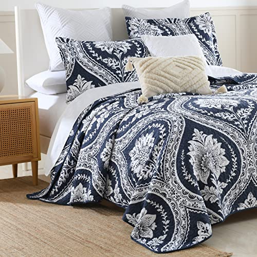 Finlonte Damask Quilt King Size, Cotton Quilt Navy White Bohemian King Quilt, Lightweight Soft King Quilted Bedspread For All Season, 3 Pieces #TOP1