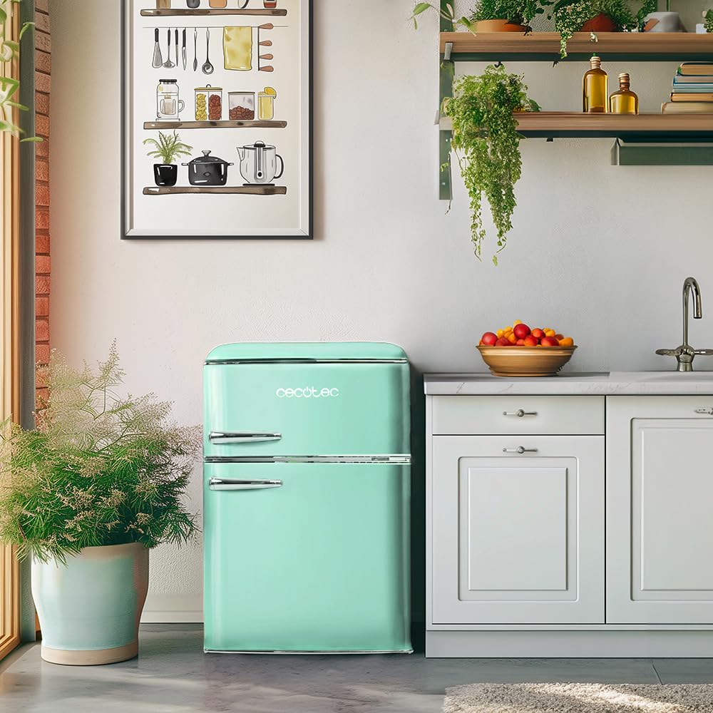 Cecotec Kleiner Kühlschrank - 2-türiger Kühlschrank - Retro 86L Bolero CoolMarket 2D Origin 86 Green E. 89,3 cm Höhe und 48,7 cm Breite, Energieklasse E, Eisfach, Innenbeleuchtung und Chromgriff, Grün