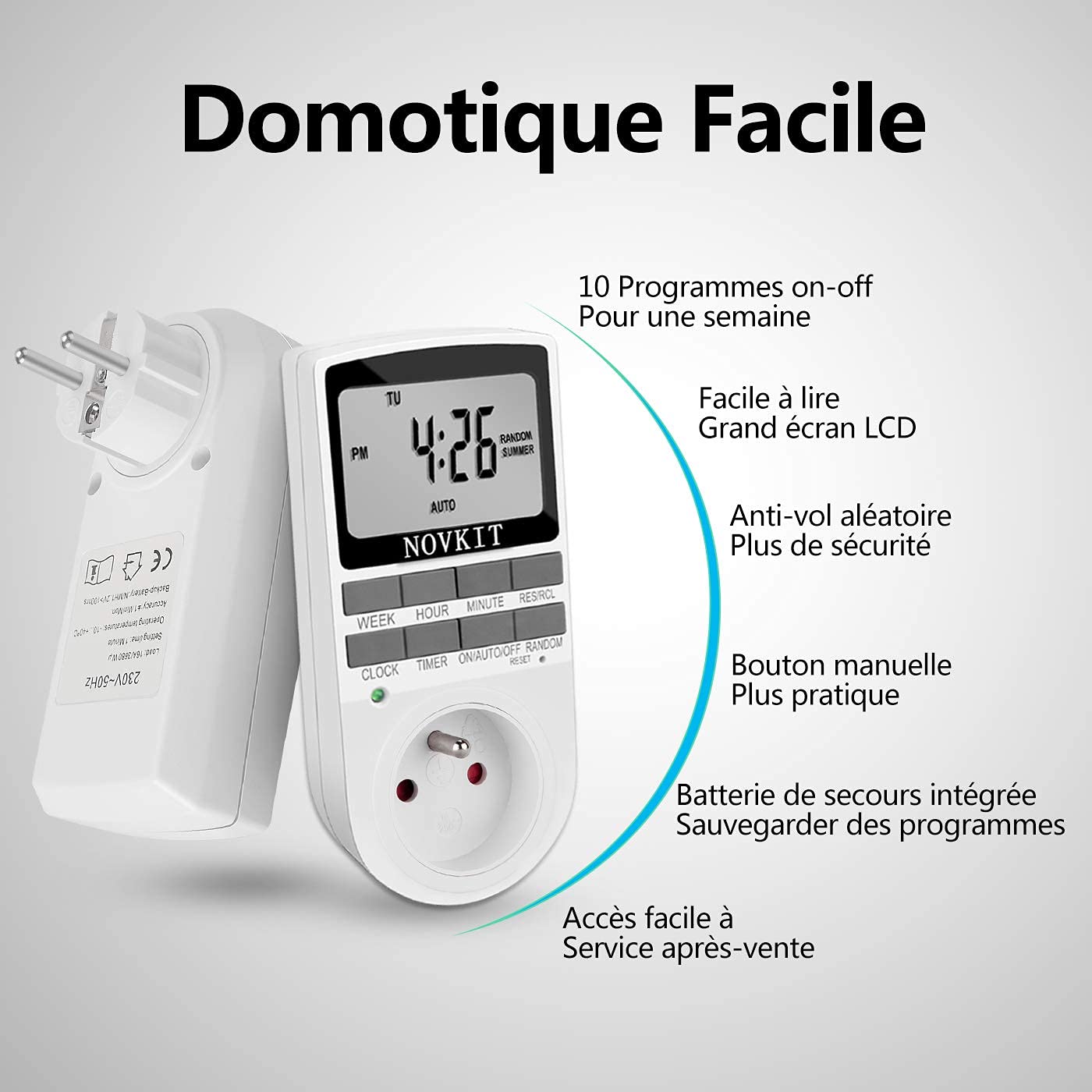 NOVKIT Programmateur Prise Électrique et Digitale, Minuterie Prise Numérique à 10 Programmes Journaliers Hebdomadaires avec Mode Anti-vol et Grand LCD écran, Économiser Électricité (Paquet de 2)
