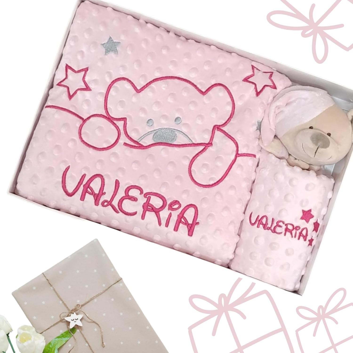 Genérico Manta de Bebé + Dudu Personalizado con el Nombre y Oso Bordados. Regalo Ideal para Recién Nacido y Baby Shower