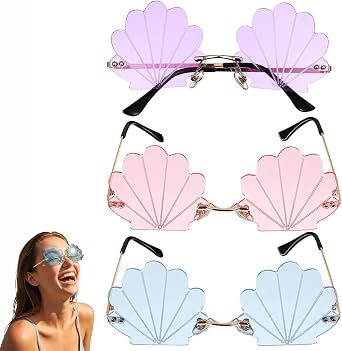 Angoily 3PCS Rimless Seashell Sunglasses, UV Protection Fun Glasses for Themed Events Lightweight Comfortable Eyewear Hawaiian Summer Photo Props Beach Party Eyewear for Women Mermaid Accessories