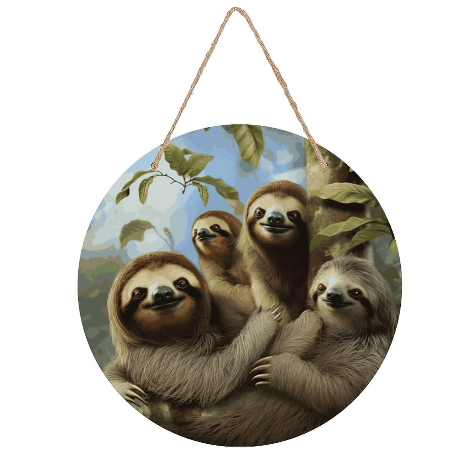 Adfgyerh Style Sloth Family Room Decor，Round Wooden Board Painting，Wall Art，Easy To Hang，Wall Decor ，Suitable For Homes, Offices, Holidays, Bars, Cafes, And Other Venues.