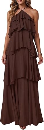 SOLY HUX Womens Wedding Guest Dress Sundresses Ruffle Layered Halter Backless Flowy Formal Maxi Dresses