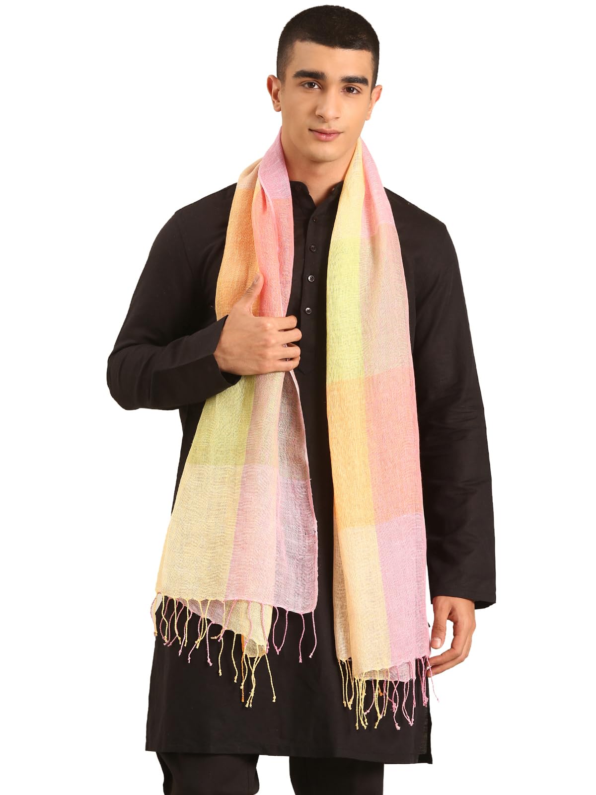 Linen Club Unisex Linen Stole Checkered Light Orange (Size:Free Size)-picture-24