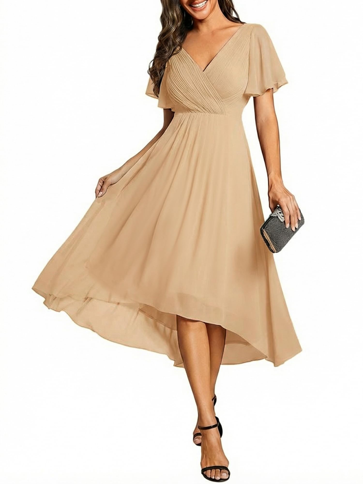Ever-Pretty Women's Summer Chiffon Formal Wedding Guest Dresses Pleated V-Neck Short Sleeves Cocktail Dress 01923