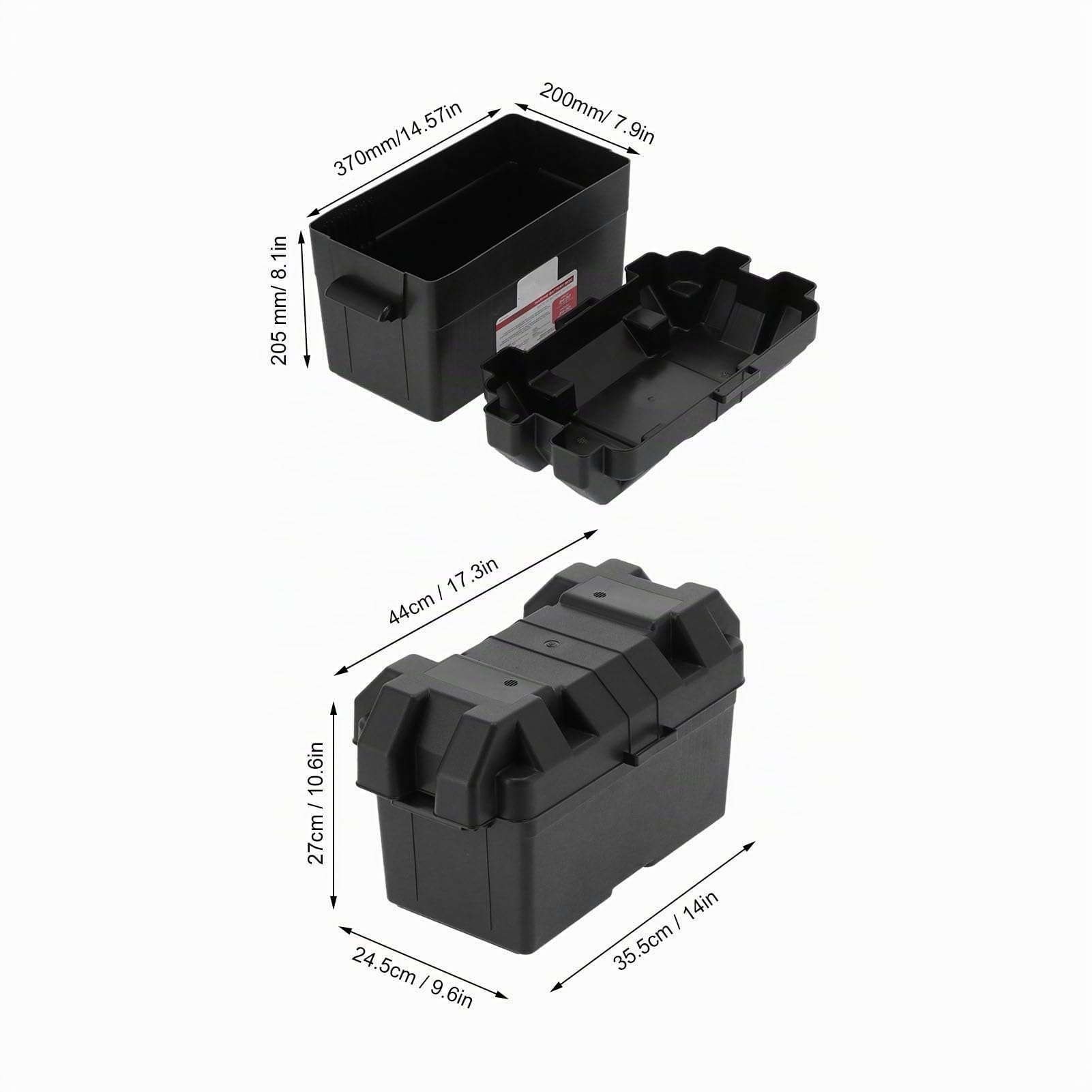 Universeller Marine Batteriekasten, Großer Schwarzer ABS-Kunststoff Batteriekasten mit Riemen, Batterie-Aufbewahrungsbox für Auto, LKW, Bootsanhänger, Wohnmobil, 37 x 20 x 20.5 CM