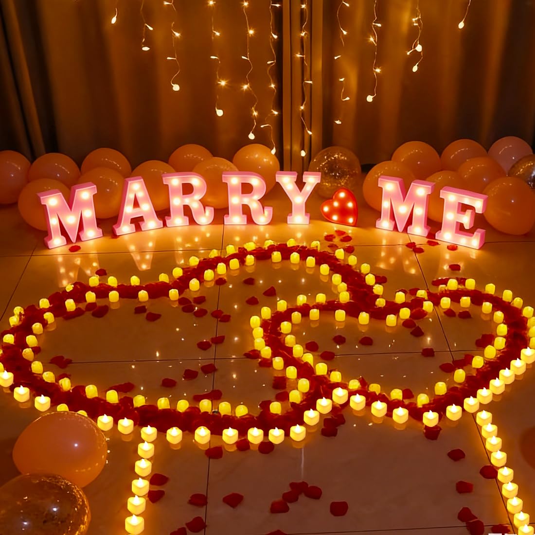 RANJIMA MARRY ME Leuchtbuchstaben als Dekoration für Heiratsanträge, 2000 künstliche Rosenblätter mit 24 Romantischen Flammenlosen Kerzen in Herzform für Hochzeitstag Braut Verlobung Valentinstag
