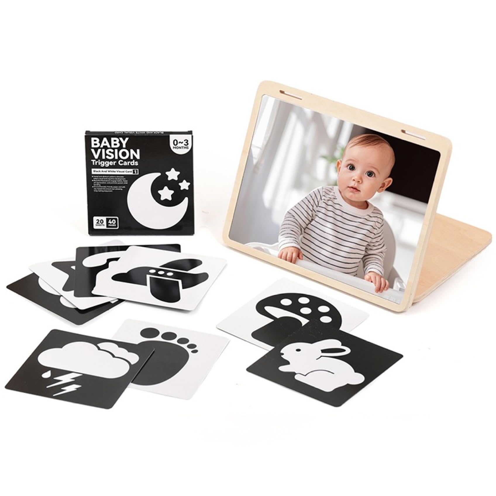 Juguete para bebé con espejo boca abajo, juguete sensorial con espejo Montessori con soporte ajustable y tarjetas visuales, de madera para recién nacidos de 0 a 3 meses para desarrollo visual.