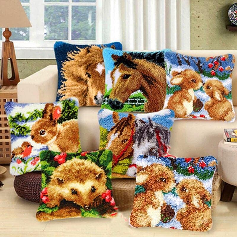 Image of White Blue Baseball Latch Hook Pillow Kits Printed Embroidery Pillowcase DIY Crochet Yarn Hooking Craft Rug Cushion for Home Christmas Decor and Handmade Gift 43x43cm