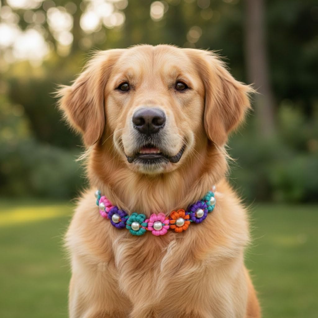Cute Handmade Paracord Dog Collar Necklace – Unique Hand-Braided Colorful Flower Design Pet Accessory for Medium Large Dogs Fit 19-23" Neck Size XL