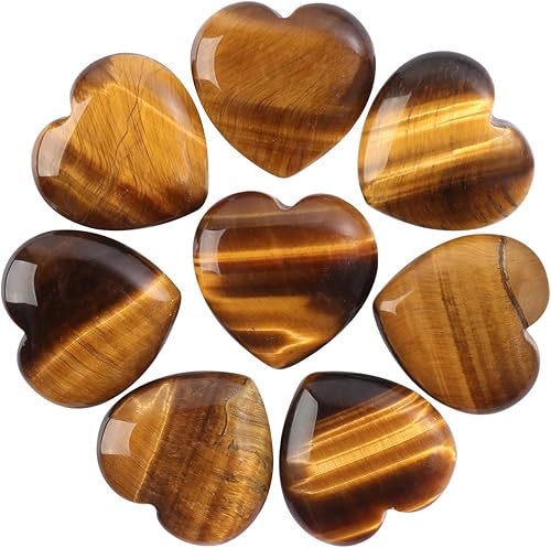 CASMON Juego de 8 piedras naturales de corazón de ojo de tigre (1 pulgada), juego de cristales de palma curativa de corazones de soplo con caja de