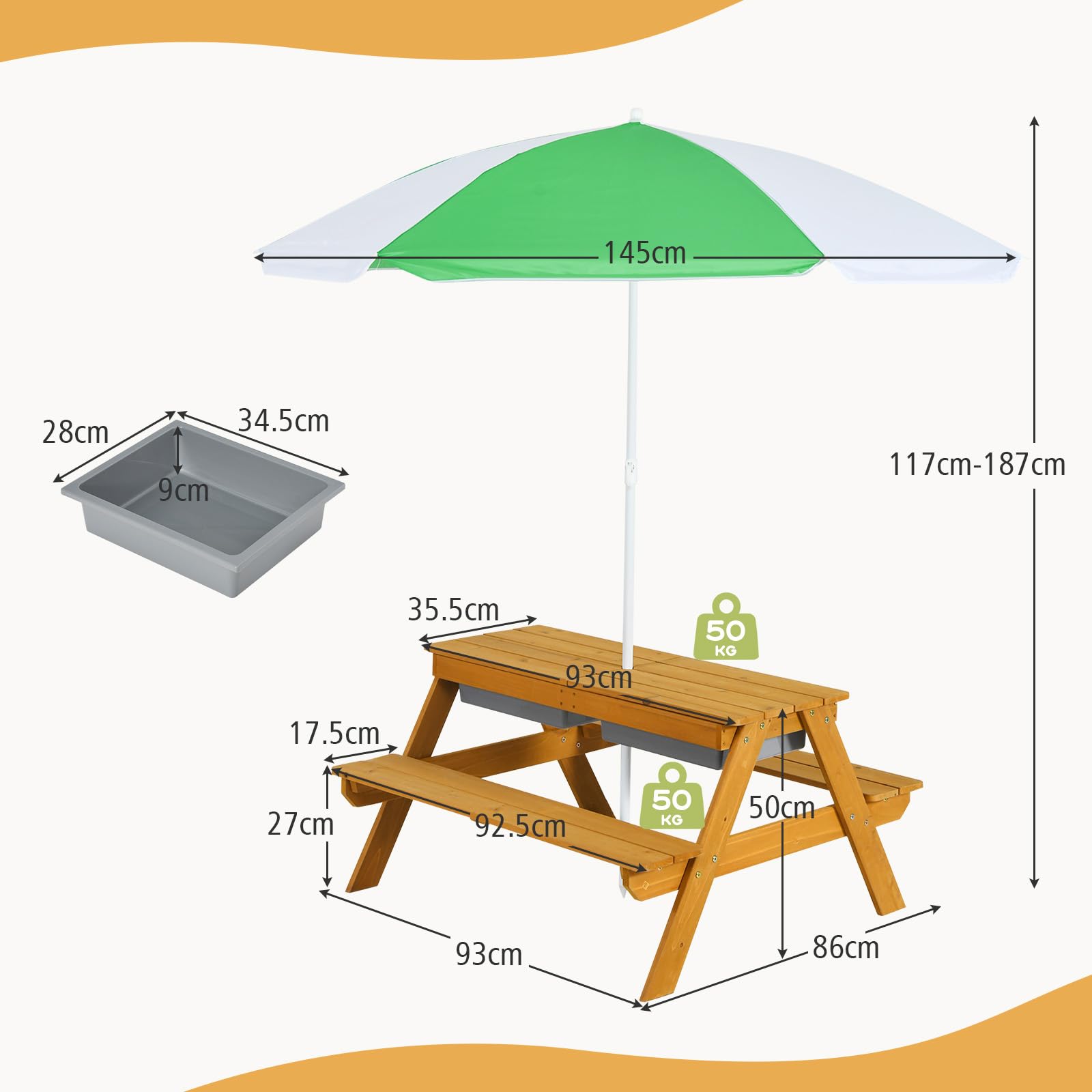 GOPLUS Mesa Infantil 3 en 1 con Banco y Sombrilla, Mesa de Actividad de Madera para Exterior Jardín Verde+Blanco
