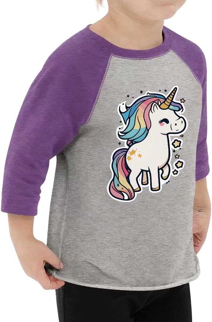 Unicorn Print Toddler Baseball T-Shirt - Funny 3/4 Sleeve T-Shirt - Cute Kids' Baseball Tee