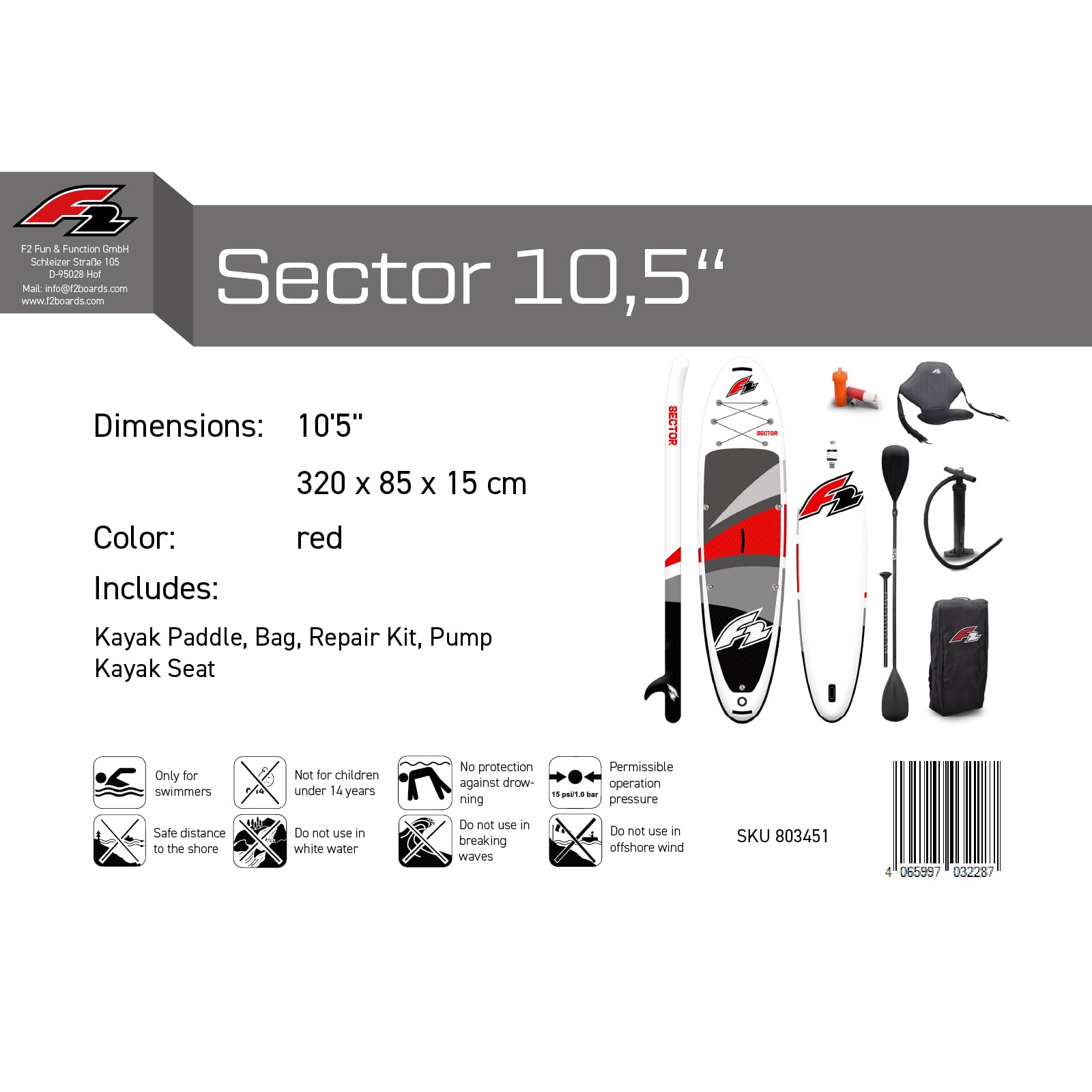 F2 Sector SUP 2024 - Tabla de paddle up de 10,5 pulgadas, color rojo