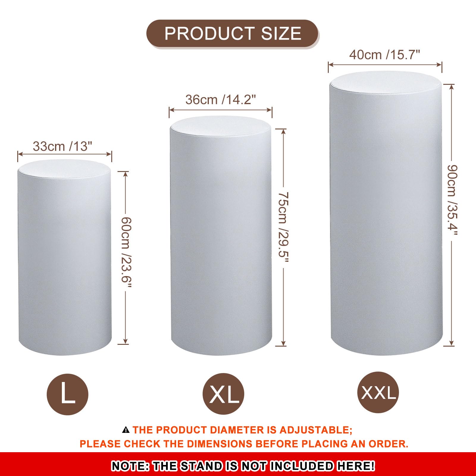 QUARKZMAN Set of 3 Cylindrical Base Covers Gray Spandex, Wedding Anniversary Party Decoration, Elastic Fabric Large