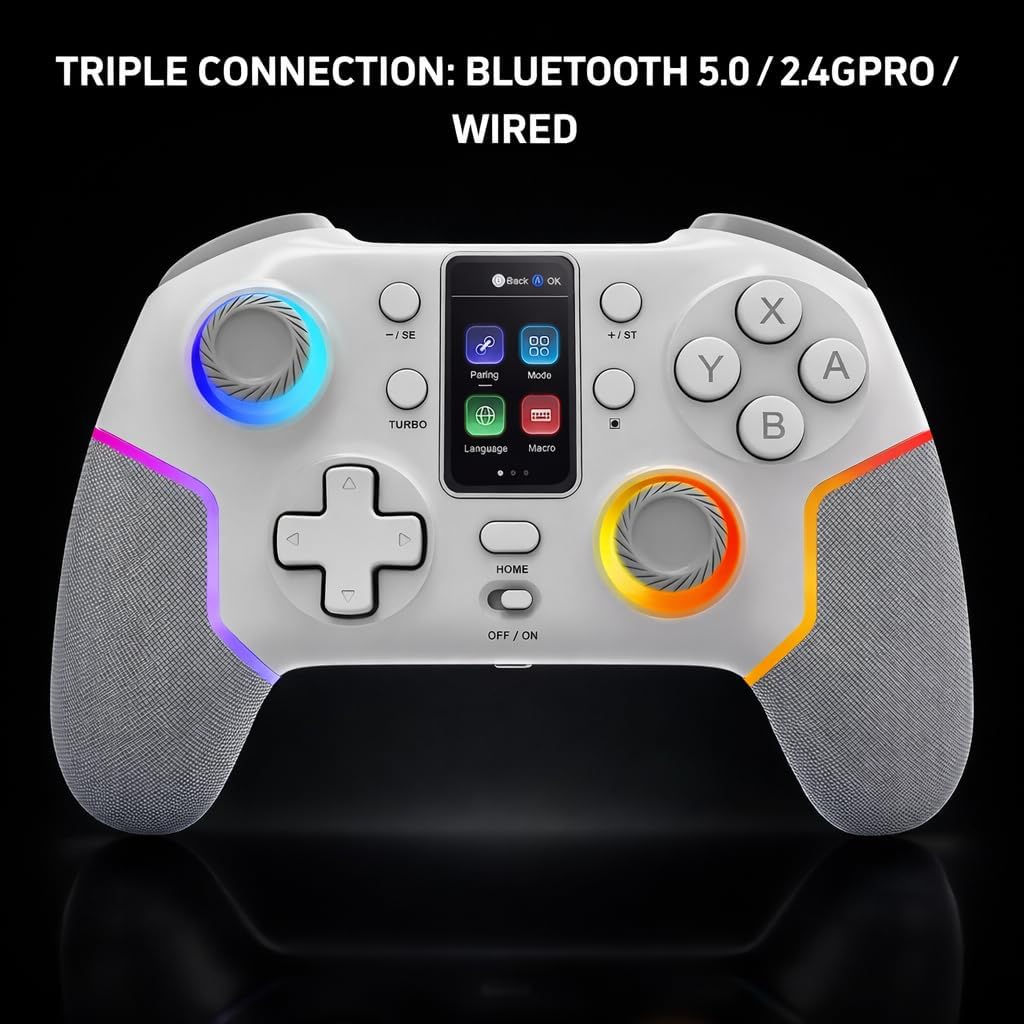 Mars Gaming MGP-V3, Gamepad Inalámbrico ARGB, Triple Conexión Bluetooth 5.0/2.4GPRO / Cable, Pantalla LCD a Color, Joysticks y Gatillos Hall Effect, Switch|Switch 2|PC|Android|iOS 13.0+, Blanco 3