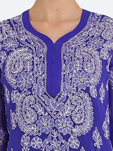Image of FAWOMENT Women's Designer Straight Georgette Hand Embroidered Lucknowi Chikankari Kurta Designed in Side Jhaar Pattern Alongwith Slip