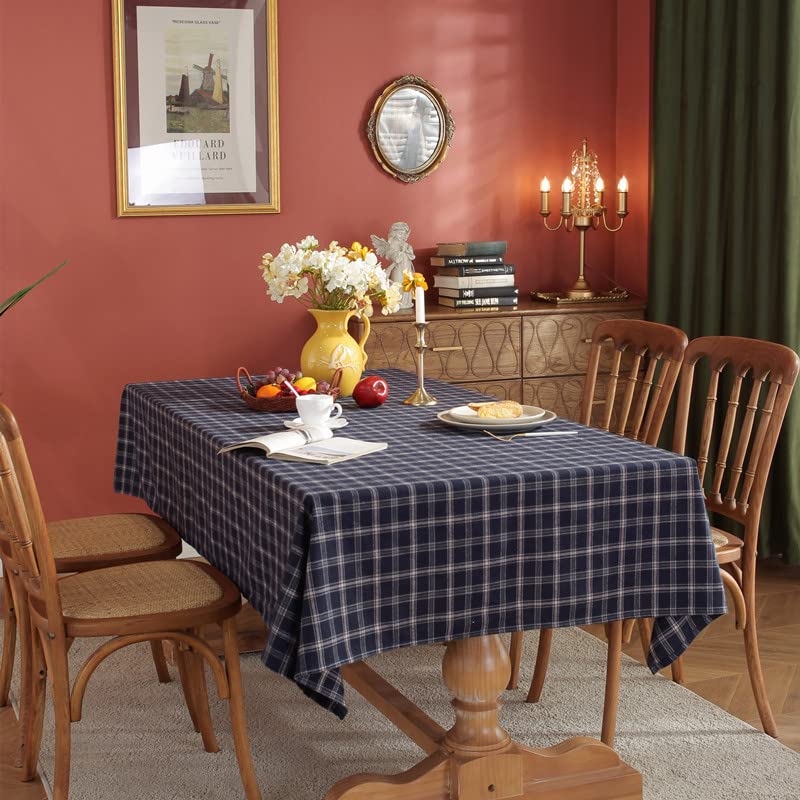 Rectangle Water Resistant Table Cloth, 8-10 Seater, 55x87inches(140x220cm) Grid Pattern Tablecloth for Kitchen Dinning Polyester-cotton pulled wool. (Dark Blue)