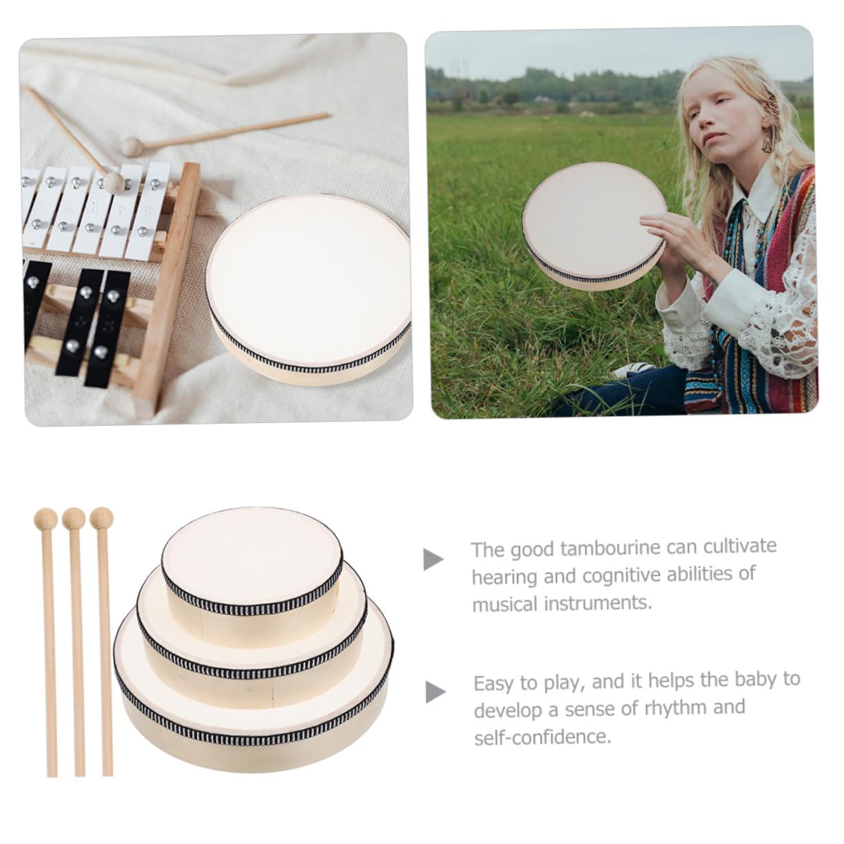 SUPVOX Tamburello Musicale in Legno 3 Pezzi Set Hand Drum Percussione Facile da Tenere Design Rotondo per Performance ed Educazione Ragazzo Ragazza e Adulti