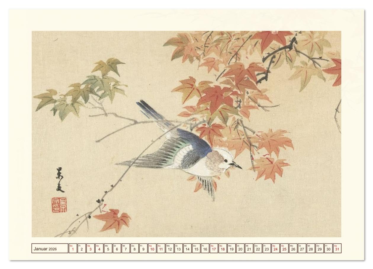 Blüte und Feder (hochwertiger Premium Wandkalender 2026 DIN A2 quer), Kunstdruck in Hochglanz: Japanische Naturkunst in zarten Farben. (CALVENDO Kunst)
