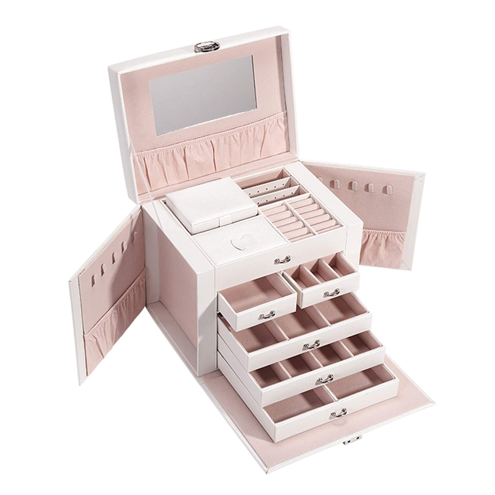 HDBCYUAZ Jewelry Box for Women Girls with Mirror Necklace Ring Earrings Organizer PU Leather Removable Drawer Multi-layer Design, Large Capacity(Wit)